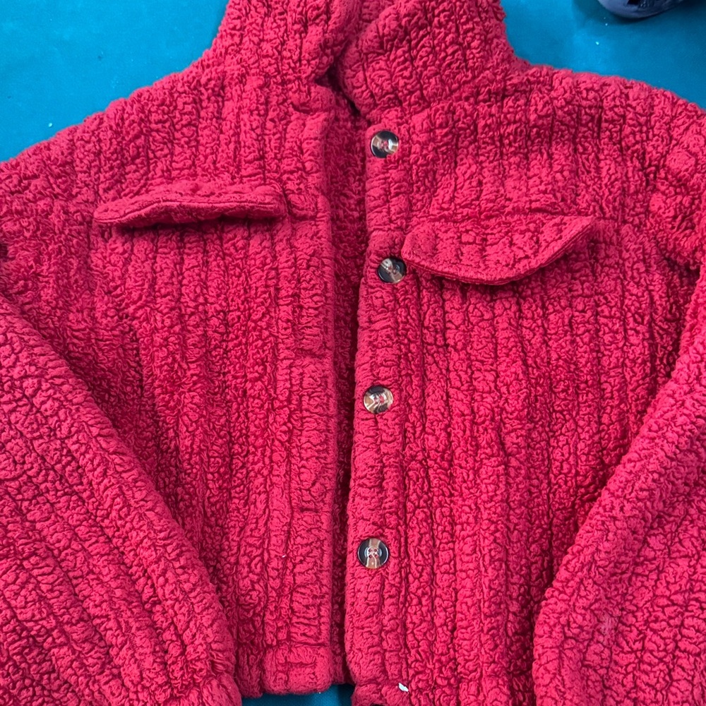 Cozy Red Button-Up Sherpa Jacket